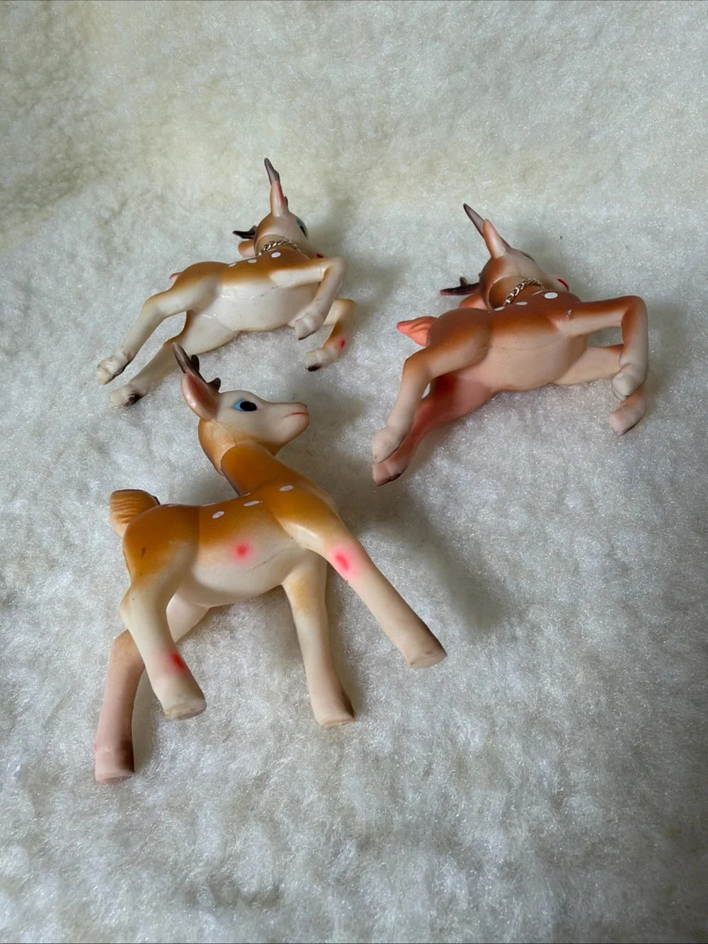 Set of 3 Vintage Soft Rubber  Reindeer  Figurines in Brown with Gold Bells